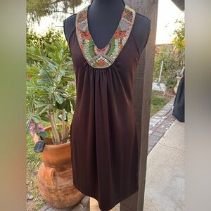 Iz Byer Chocolate Brown Dress with Embroidered Details